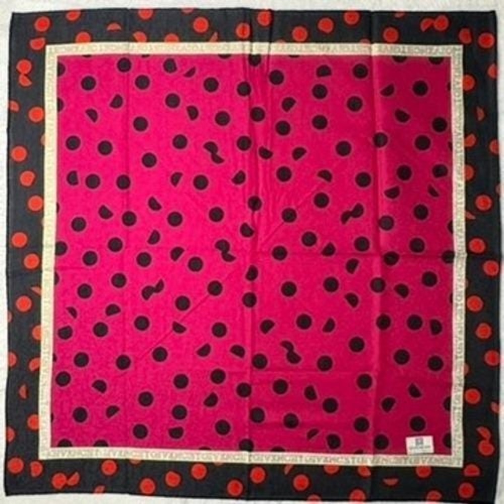 Vtg GIVENCHY Scarf Handkerchief Polka Dot Pink Black 18.5"
